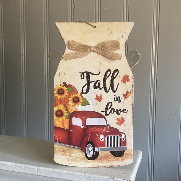 NWT Glittered FALL IN LOVE Harvest Red Farm Truck Wood Milk Jug Decoration Sign - Picture 14 of 17